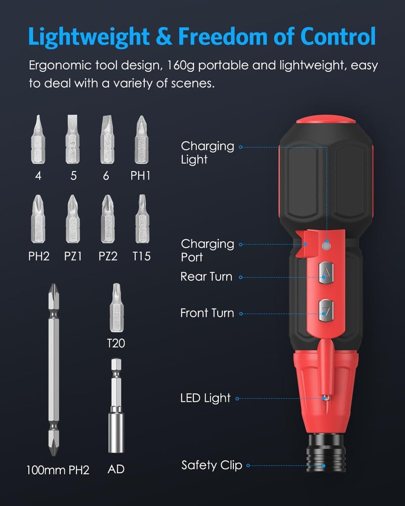 AMIR Cordless Power Screwdriver, Rechargeable Electric Screwdriver Sets, Portable Automatic Home Repair Tool Kit, Motorized Screwdriver with USB Cable and LED Lights - Image 3